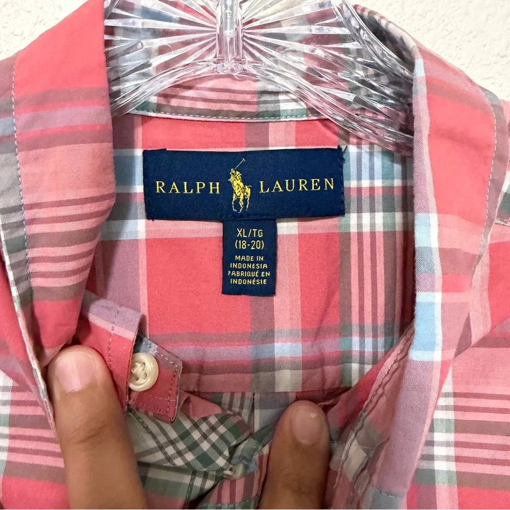 Ralph Lauren Shirt Boys Sz XL 18/20 Red Gray Plaid‎ Long Sleeve Button Up
